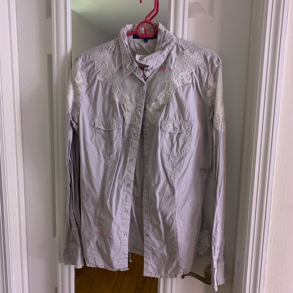 Guess Blue & White Striped Lace Button Down Blouse